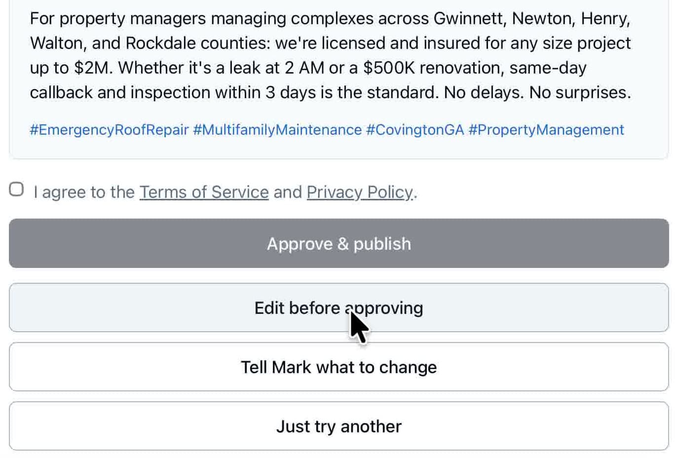Mark's approval page showing a drafted post with the choices: Approve & publish, Edit before approving, Tell Mark what to change, and Just try another